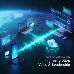 Futuristic depiction of omnichannel voice AI connectivity between devices with glowing sound waves and cloud elements.