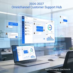 Futuristic AI-driven omnichannel customer support dashboard showing unified communications and analytics.