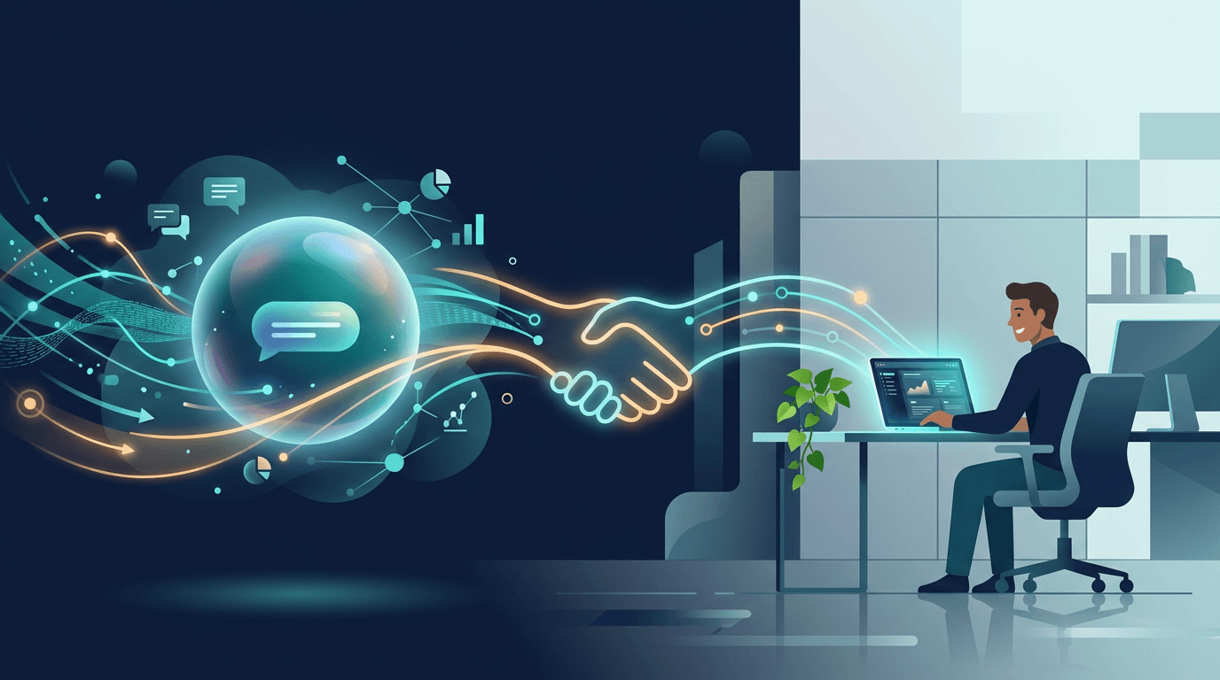 Conceptual illustration of an AI chatbot and a human customer success manager connected by a bridge of light, symbolizing collaboration
