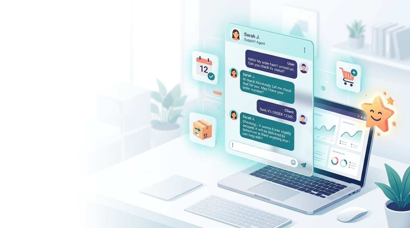 Illustration of a live chat window floating above a laptop, surrounded by icons for bookings, shipping and customer satisfaction