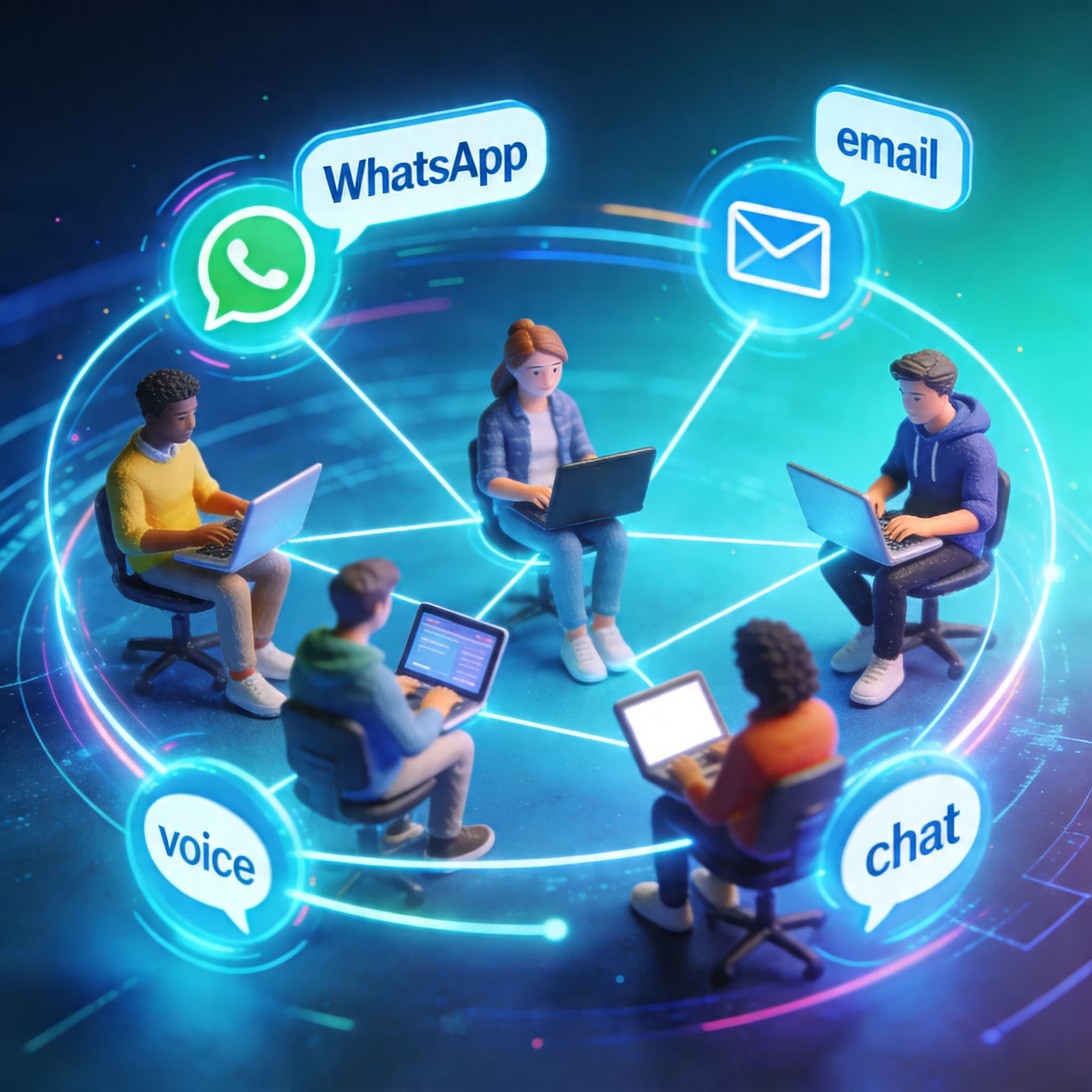 A futuristic illustration showing founders using AI communication tools to grow their startups.