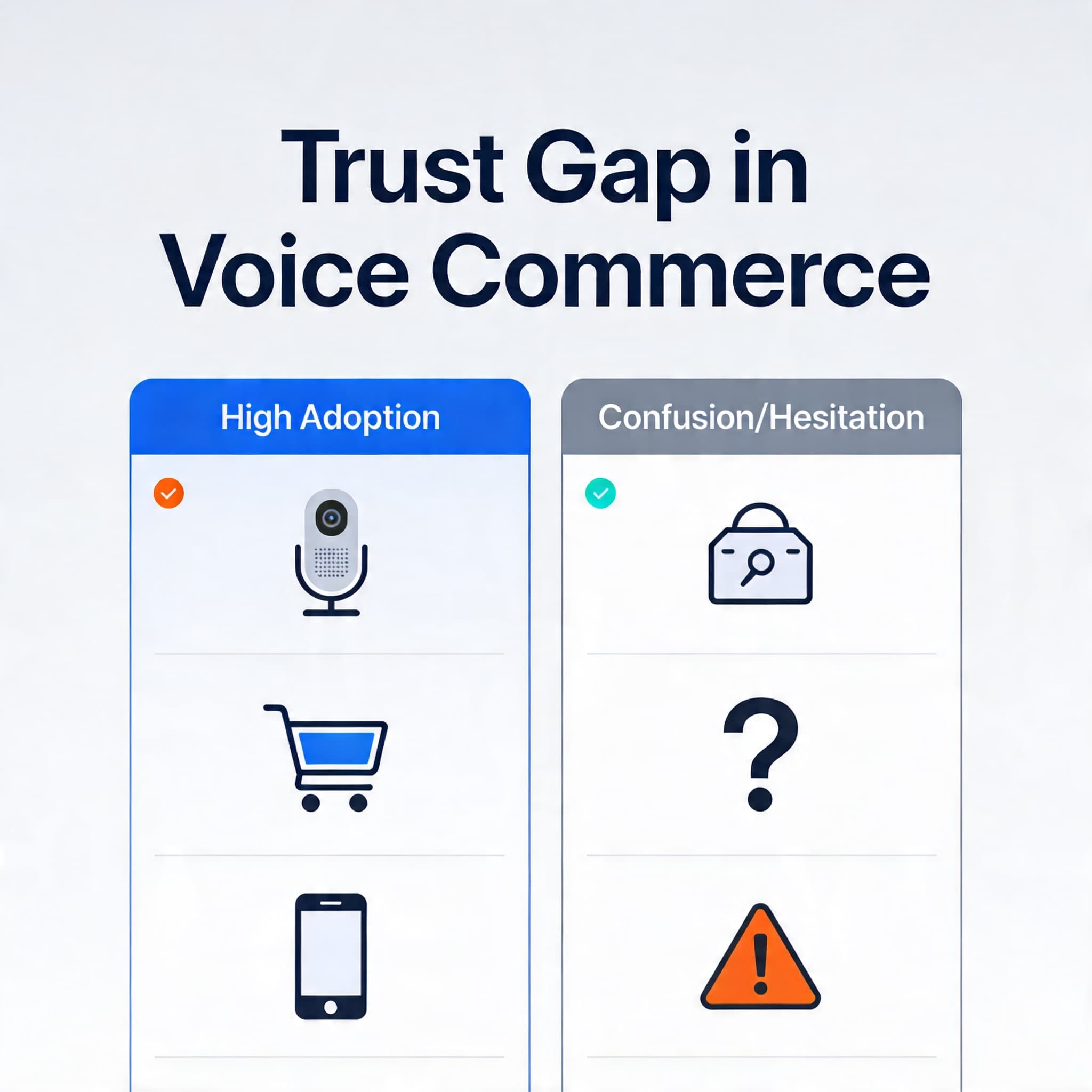 Abstract diagram showing the trust gap between growing voice commerce adoption and consumer confidence