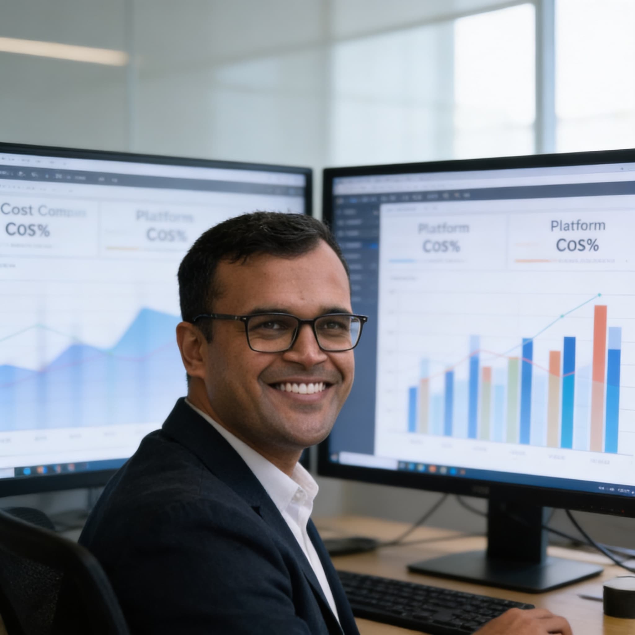 Procurement professional reviewing platform cost comparison charts on desktop monitors