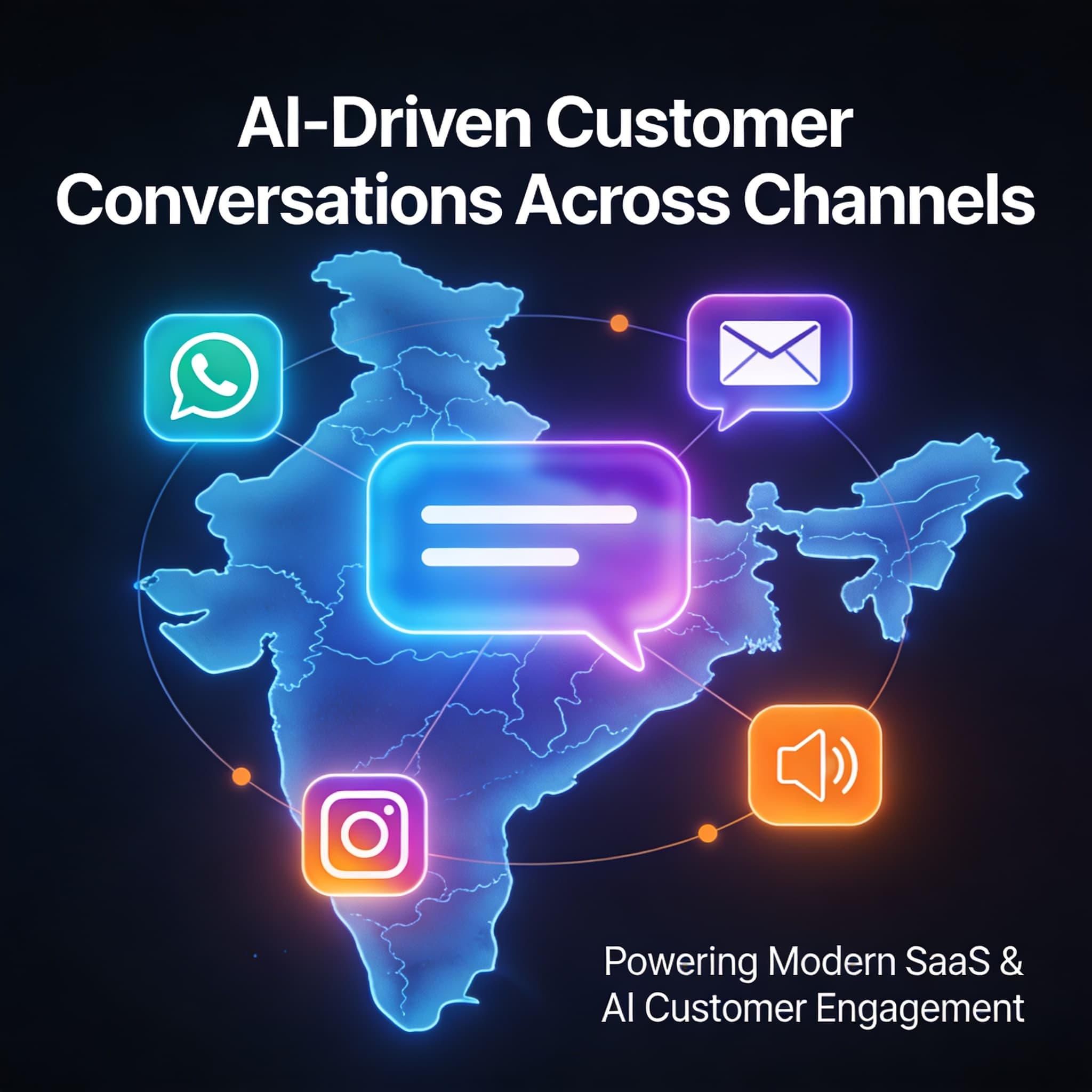Futuristic AI-powered customer conversations visualized across India with interconnected chat icons and glowing nodes representing communication channels.