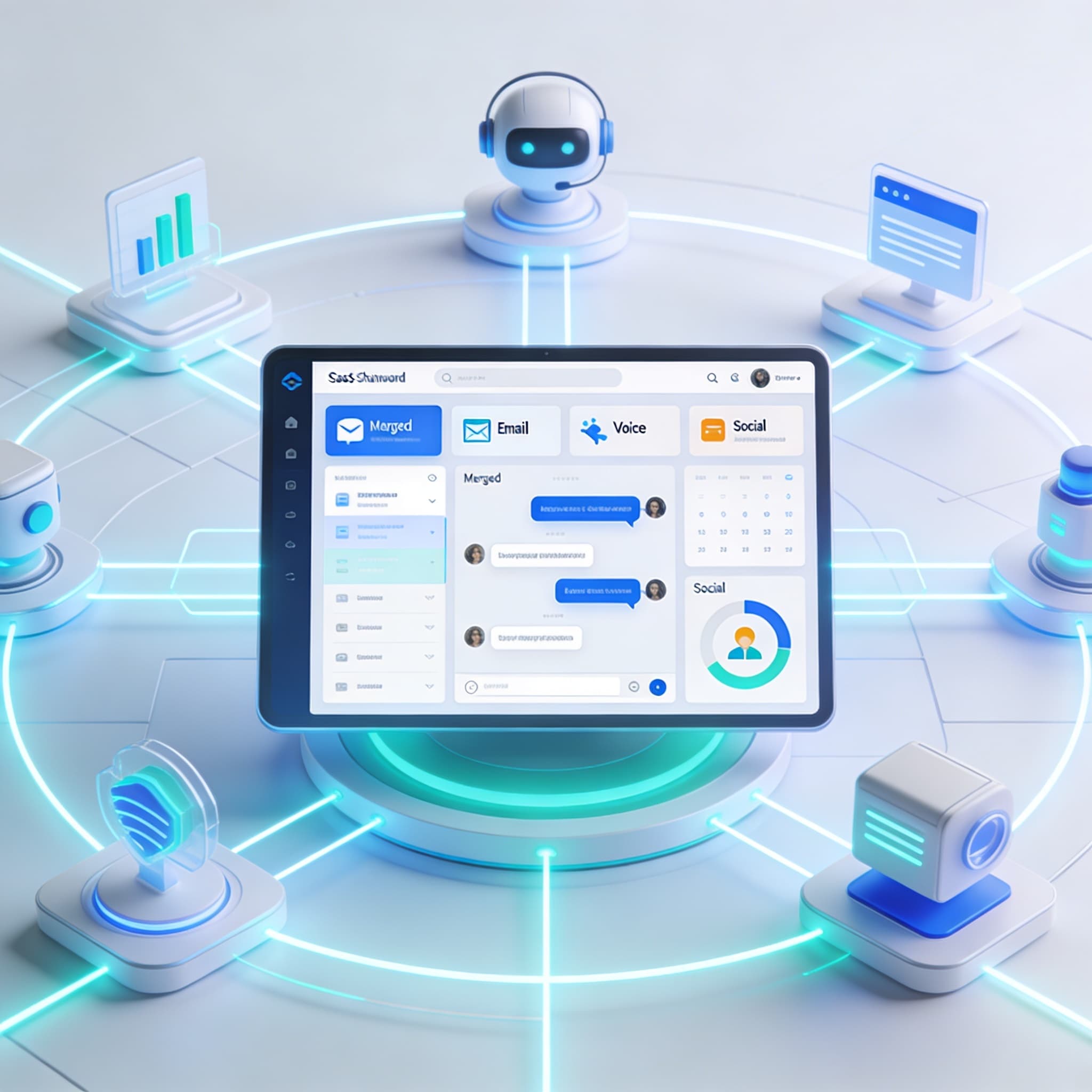 Futuristic AI-powered omnichannel customer support dashboard with connected interfaces representing modern Zendesk alternatives