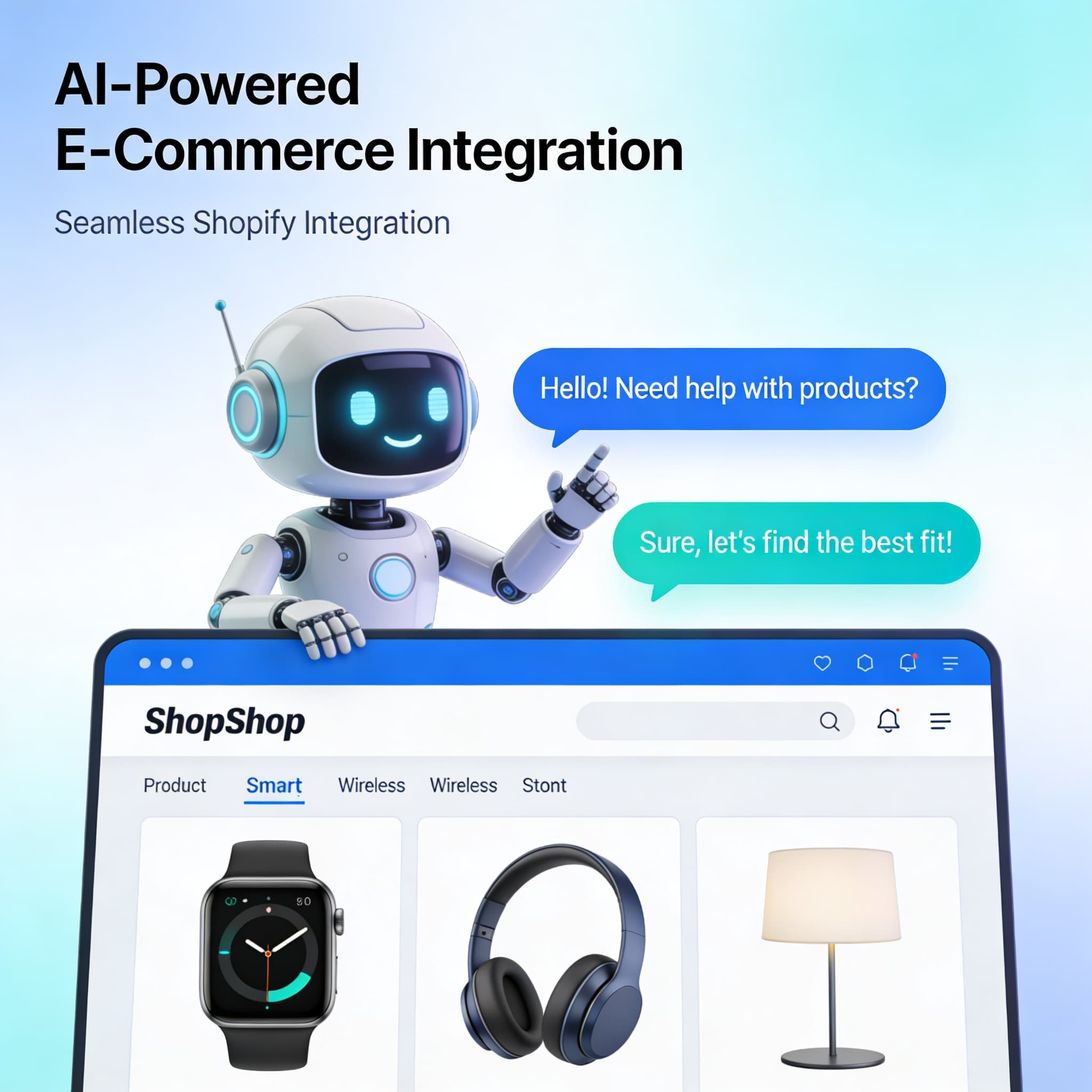 Futuristic AI chatbot interacting with a Shopify e-commerce dashboard in a sleek modern digital environment