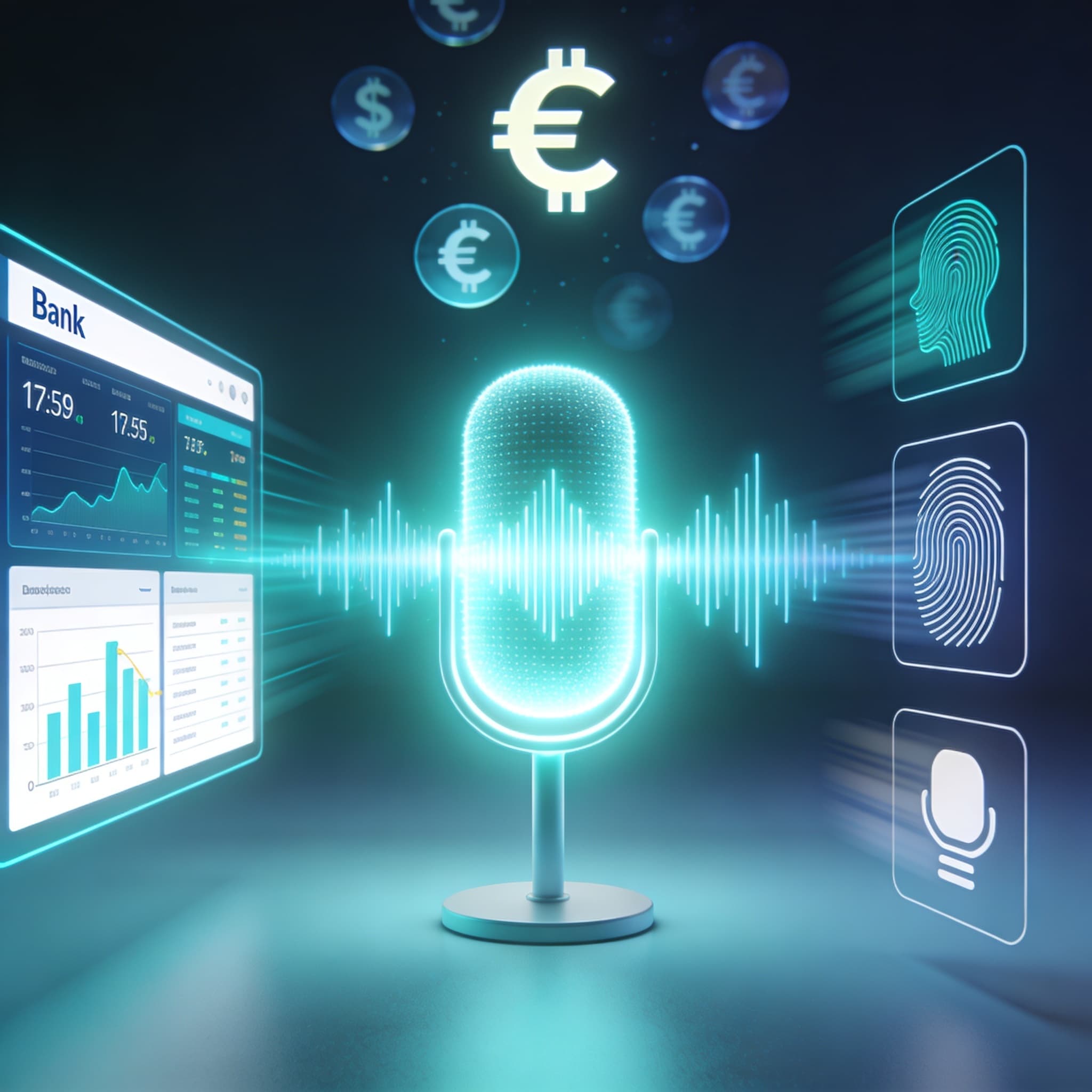 Illustration of a modern voice AI assistant integrated with banking systems for customer automation and fraud prevention