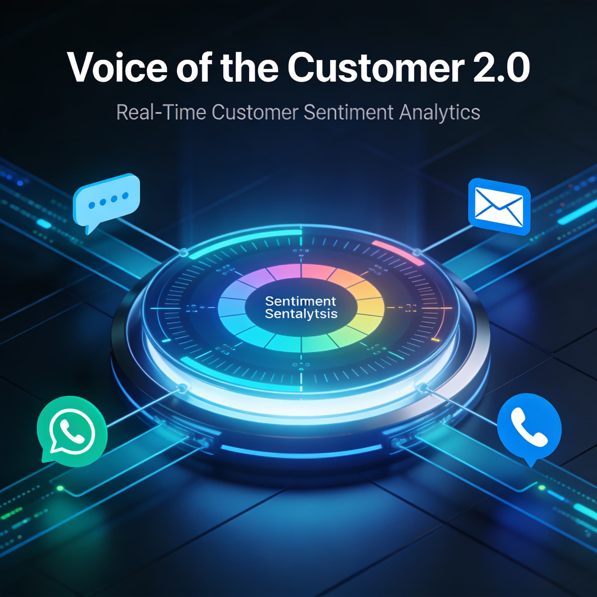 Futuristic AI dashboard illustrating real-time customer sentiment analytics across multiple communication channels.