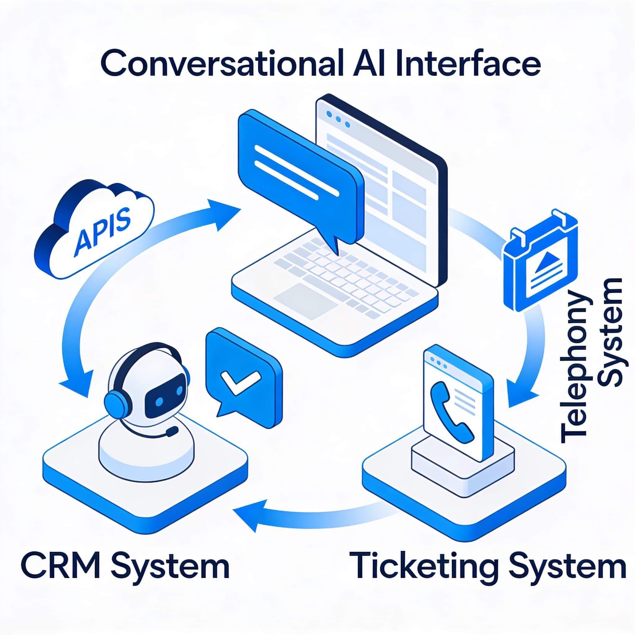 Conceptual illustration of AI agents integrated with CRM, ticketing, and telephony systems via tool calling.