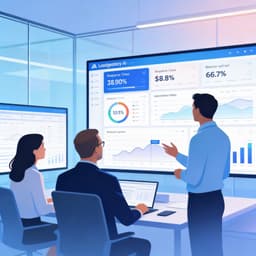 Business team analyzing CRM analytics and automation data on digital screens
